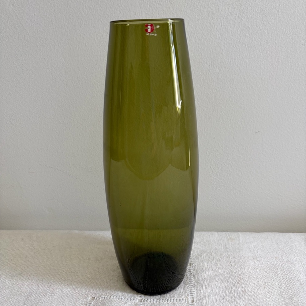 Vintage MCM littala of Finland Olive Green Glass Vase Scandi Modern